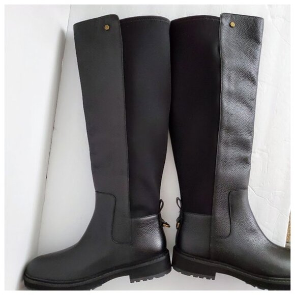 NWT Cole Haan Black Leather Tall Boots Stretch Panel Waterproof Sz 9 Old Money - Picture 4 of 16